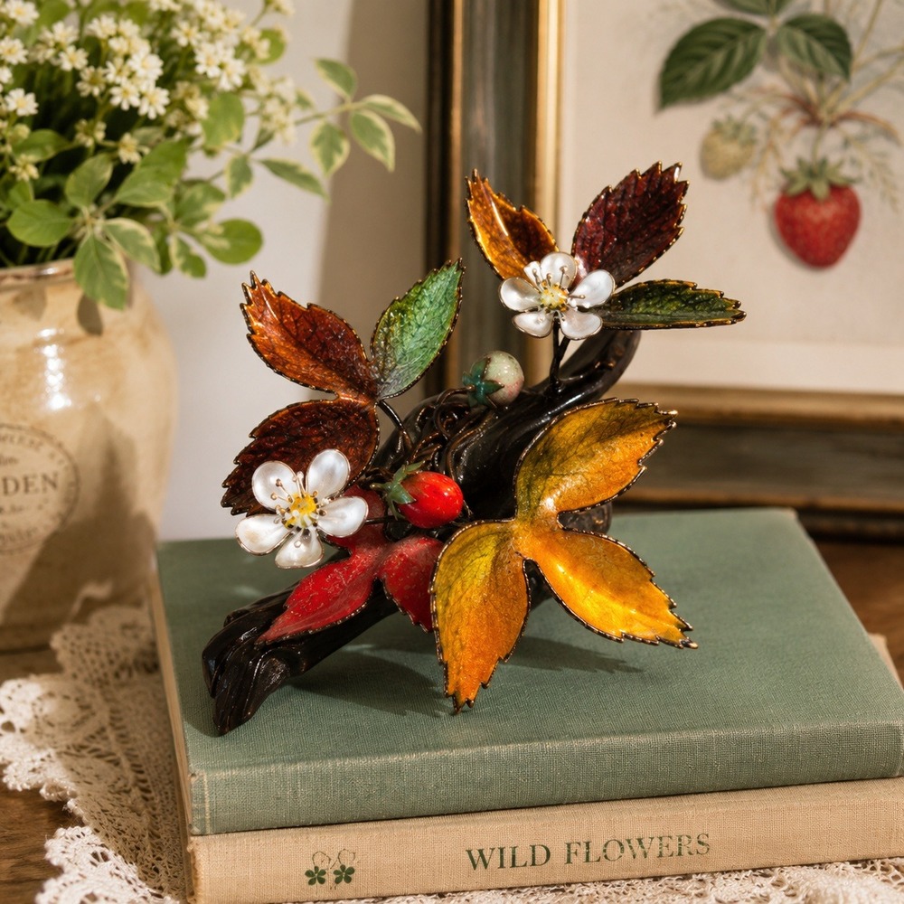Brumm Enamel on Copper Strawberry Sculpture Driftwood Base Vintage Botanical Art